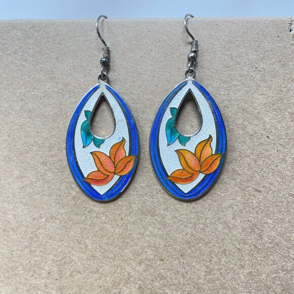 Vintage‎ Cloisonne Earrings Floral Enameled Metal Drop Boho Bohemian Earthy - Picture 2 of 7